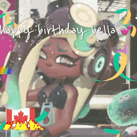 a cartoon character with the words happy birthday bella on it