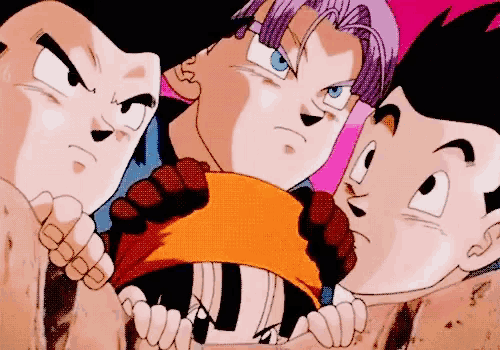 a group of cartoon characters are holding each other