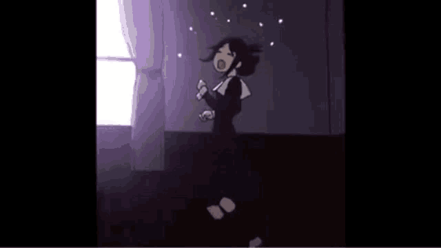 a cartoon girl is dancing in a room with a window .