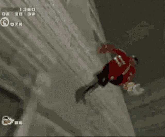 a man in a red shirt with the number 11 on it is falling off a building