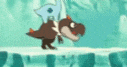 a dinosaur is riding on the back of another dinosaur .