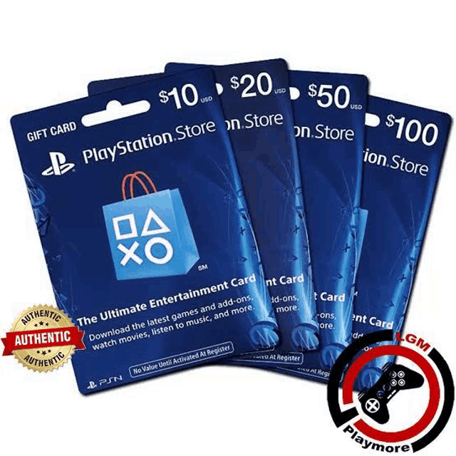 four playstation store gift cards are stacked on top of one another