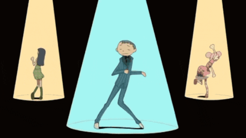 a cartoon of a man in a suit dancing in front of two other people