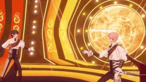 two anime characters are dancing on a stage in front of a circle of lights .