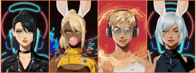 a group of cartoon characters with bunny ears and headphones