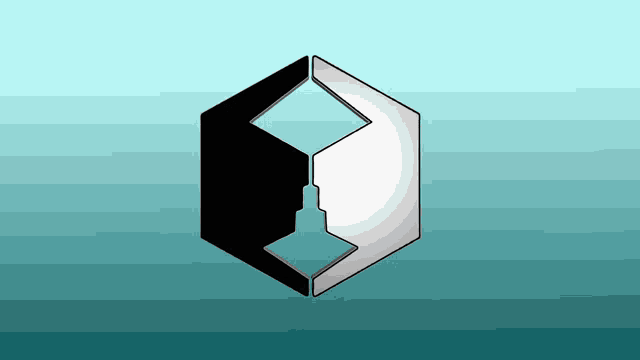 a black and white logo on a blue background that looks like a cube