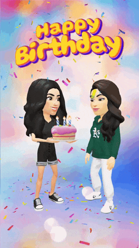 a happy birthday greeting card with two women holding a cake