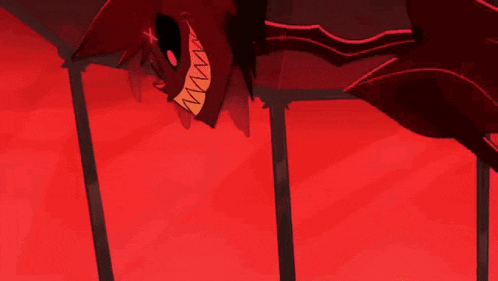 a cartoon character is standing in a dark room with a red background