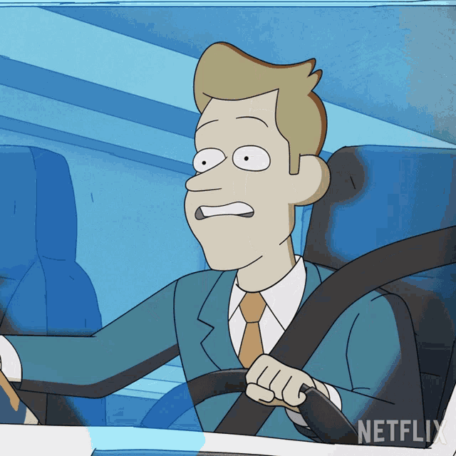 a man in a suit and tie is driving a car with a netflix logo on the bottom right