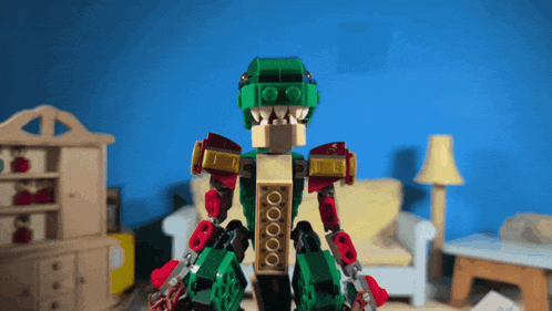 a lego dinosaur is standing in front of a couch and lamp