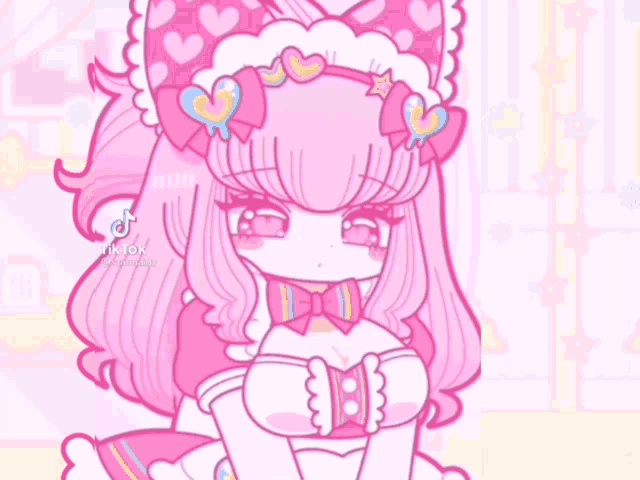 a drawing of a girl with pink hair and a headband with hearts