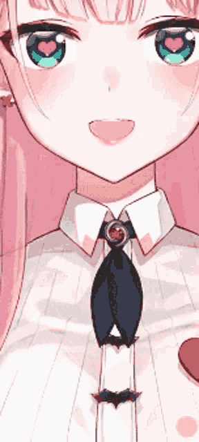 a close up of a pink haired anime girl wearing a white shirt and black tie