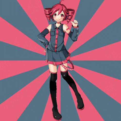 a girl with red hair is standing in front of a pink and blue background