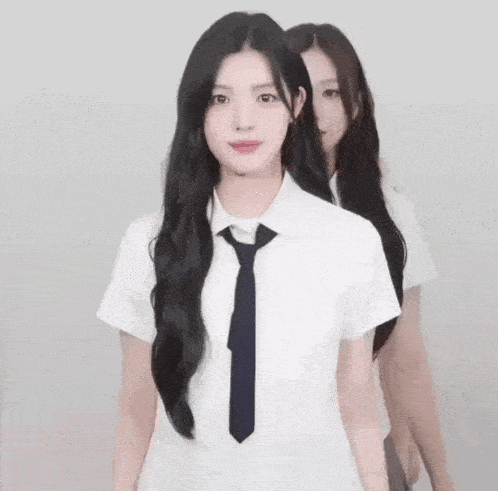 two girls wearing school uniforms and ties are standing next to each other and looking at the camera .