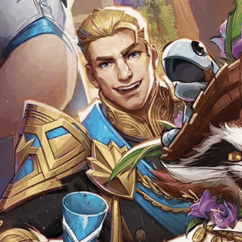 a man in a blue and gold outfit holds a book