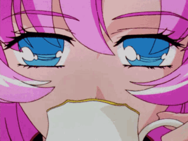 a girl with pink hair is drinking from a white cup