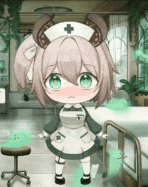 a little girl in a nurse 's outfit is standing in a hospital room
