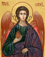 an icon of arch uriel holding a heart in his hands