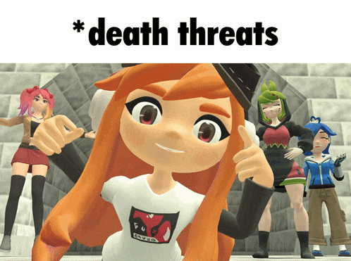 a group of cartoon characters standing next to each other with the words death threats above them