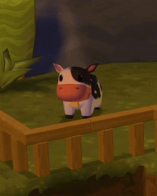 a cow in a video game is standing on a fence
