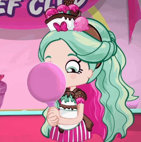 a cartoon girl blowing a pink bubble with the word candy in the background