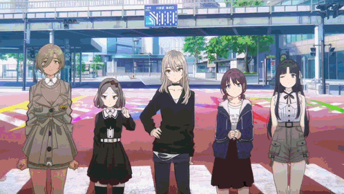 a group of anime girls standing in front of a sign that says shine