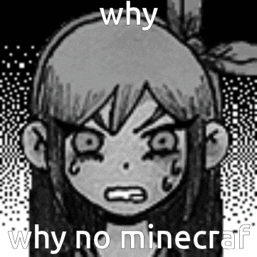 a black and white drawing of a girl crying with the words `` why why no minecraft '' written on it .