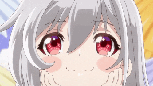 a girl with gray hair and red eyes making a face