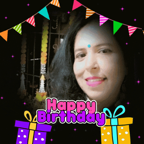 a woman 's face is surrounded by gifts and flags with the words happy birthday written above her