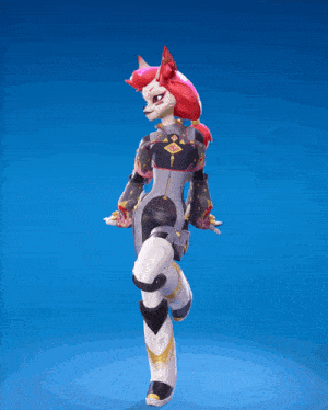 a cartoon character with red hair is standing in front of a blue backdrop