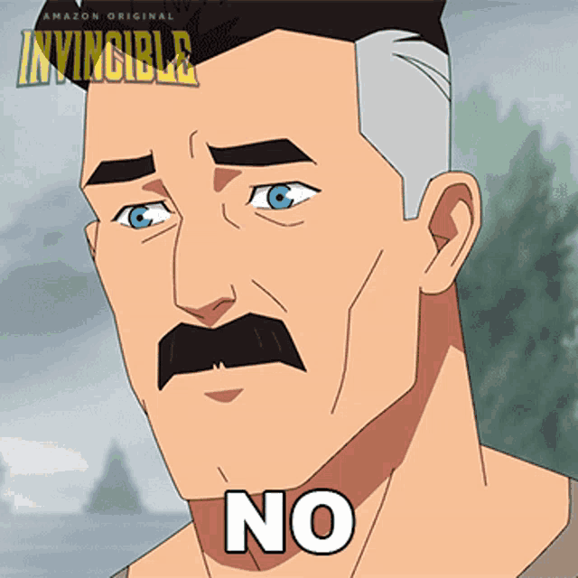 a man with a mustache and the word no on his chest