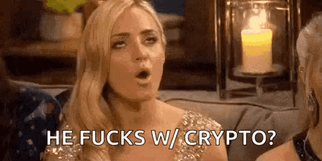 a woman is sitting on a couch talking to another woman and says `` he fucks w / crypto ? ''
