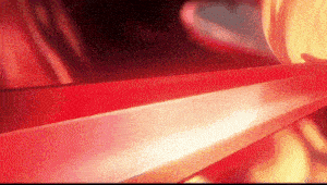 a person is holding a red sword in their hand in front of a red background .