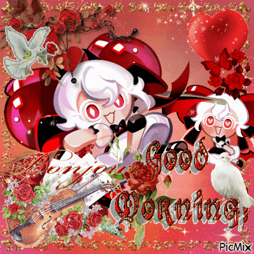 a greeting card that says " good morning " with a girl holding a violin