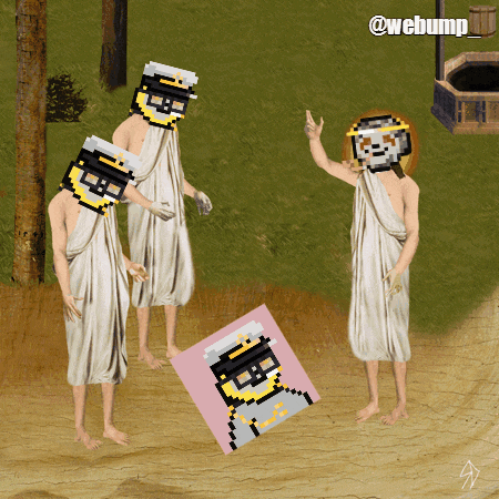 a painting of a group of people with pixelated faces and the words @webbump on the bottom