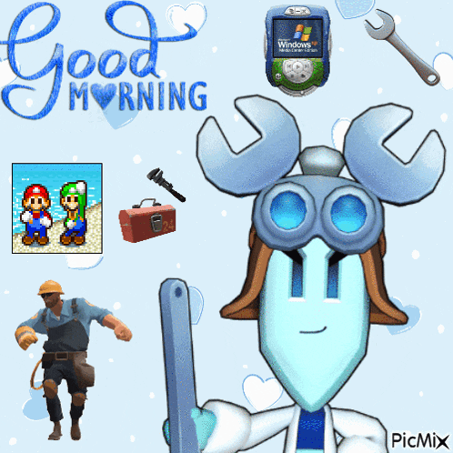a cartoon character with a wrench on his head and the words " good morning "