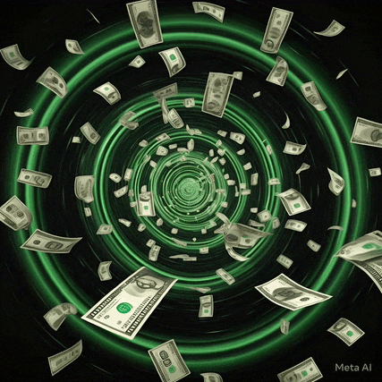 hundred dollar bills are flying through a green swirl