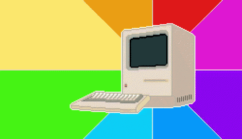 a pixel art drawing of a computer with a rainbow background