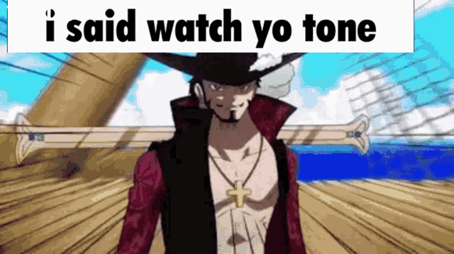 a man in a cowboy hat is holding a sword and says i said watch yo tone .