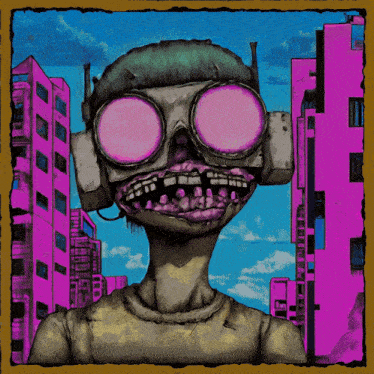 a cartoon drawing of a zombie wearing headphones and glasses