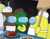 a group of cartoon characters are sitting at a table with food . one of the characters is holding a sign .