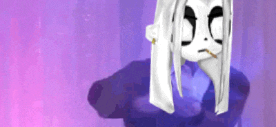 a cartoon character with long white hair and a cigarette in her mouth is standing in front of a purple background .