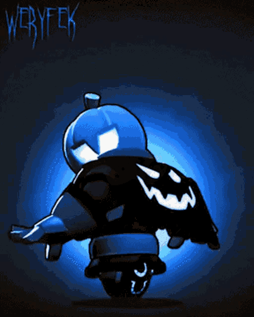 a cartoon character is holding a pumpkin with a face on it in front of a blue background