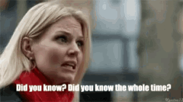 a woman in a red scarf is asking did you know did you know the whole time ?
