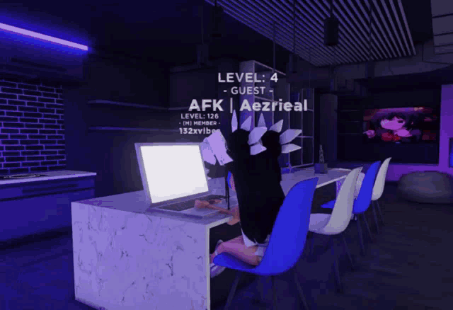 a girl is sitting at a desk with a computer and a sign that says level 4 guest