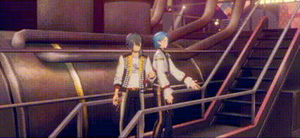 two anime characters are standing next to each other on a staircase .