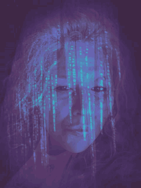 a woman 's face is shown with a purple background and a lot of green lines coming out of her hair