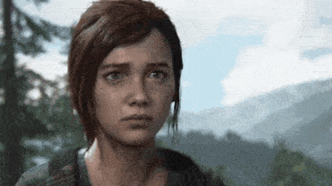 a close up of a woman 's face with a tear running down her cheek in a video game .