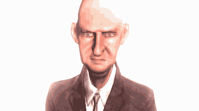 a bald man in a suit and tie is looking down with his eyes closed
