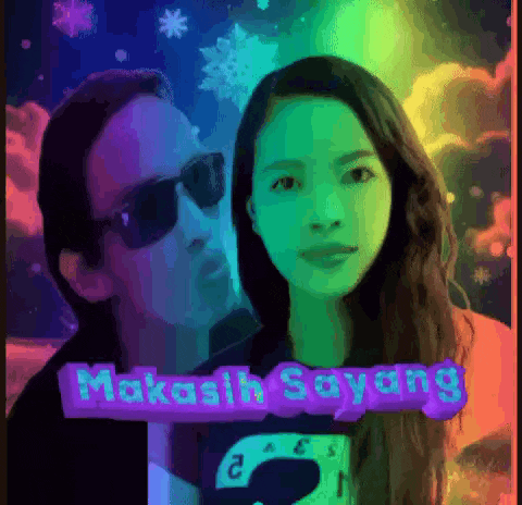 a man and a woman are standing next to each other with the words " makasih sayang " in the corner